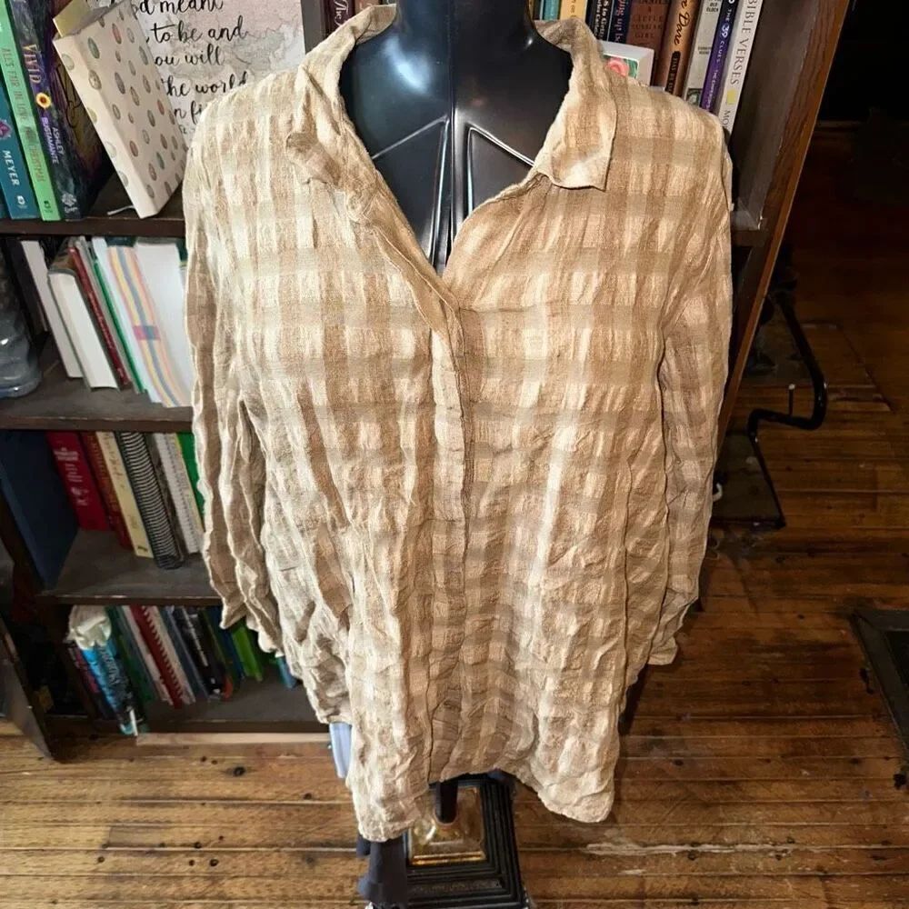 Poetry breezy 16 linen natural tan checked gingham shirt